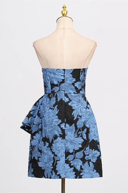 
                      
                        Strapless Blue Floral Print Short Dress
                      
                    