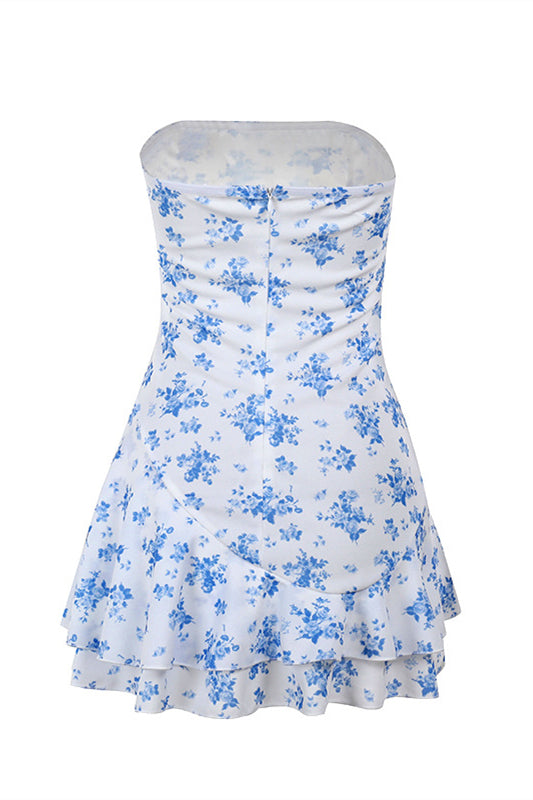 
                      
                        Strapless Blue Floral Print Tiered Short Dress
                      
                    