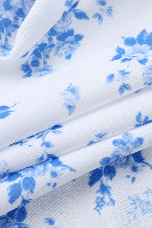
                      
                        Strapless Blue Floral Print Tiered Short Dress
                      
                    