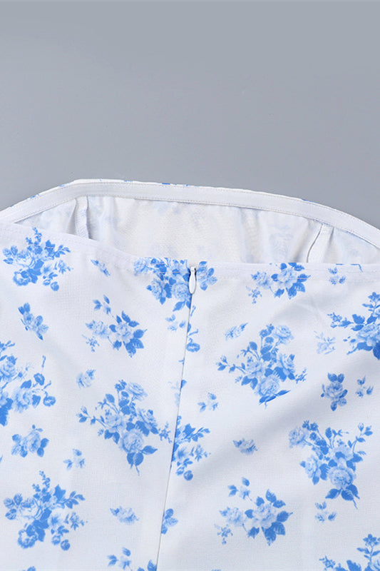 
                      
                        Strapless Blue Floral Print Tiered Short Dress
                      
                    