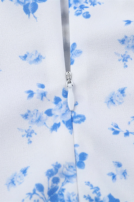 
                      
                        Strapless Blue Floral Print Tiered Short Dress
                      
                    