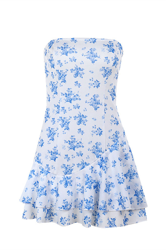 Strapless Blue Floral Print Tiered Short Dress