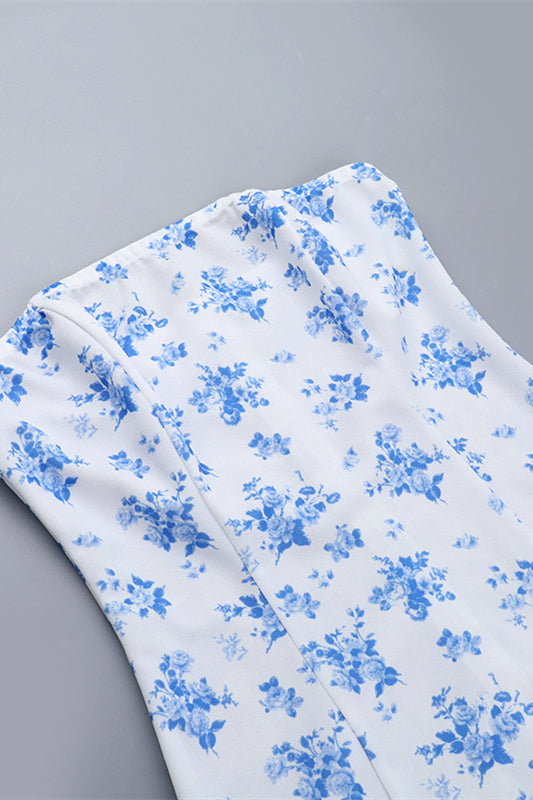
                      
                        Strapless Blue Floral Print Tiered Short Dress
                      
                    