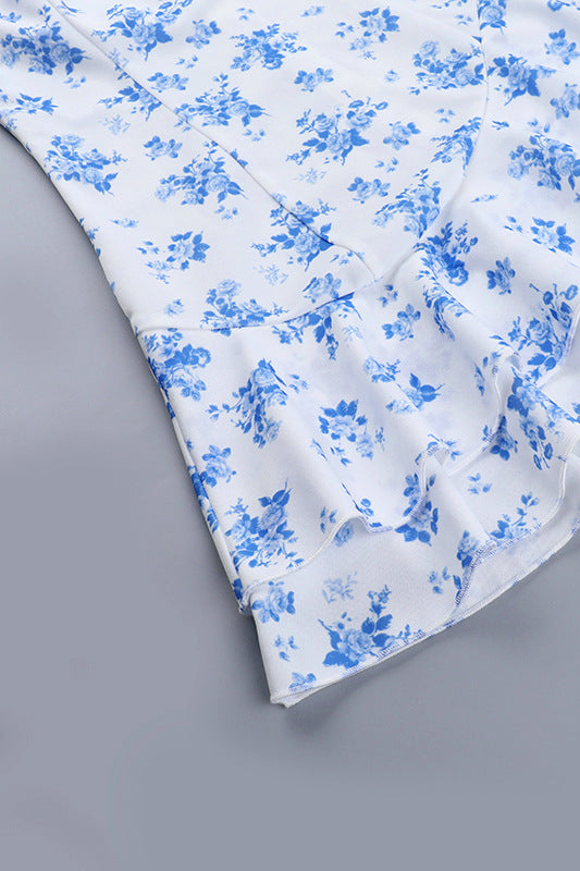 
                      
                        Strapless Blue Floral Print Tiered Short Dress
                      
                    
