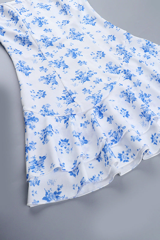 
                      
                        Strapless Blue Floral Print Tiered Short Dress
                      
                    