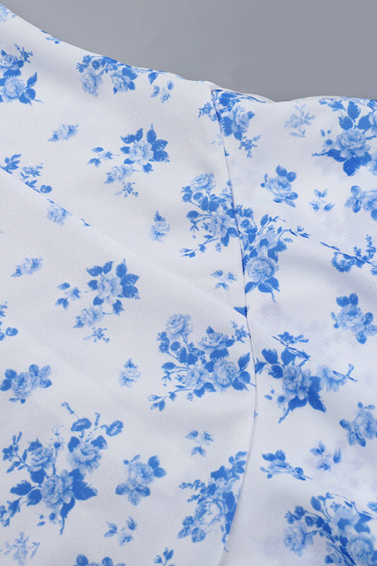 
                      
                        Strapless Blue Floral Print Tiered Short Dress
                      
                    