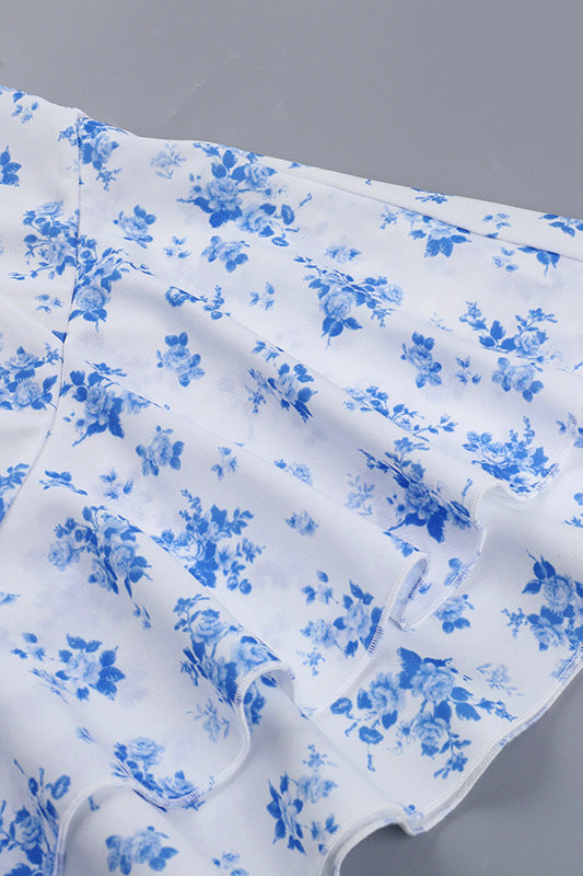 
                      
                        Strapless Blue Floral Print Tiered Short Dress
                      
                    