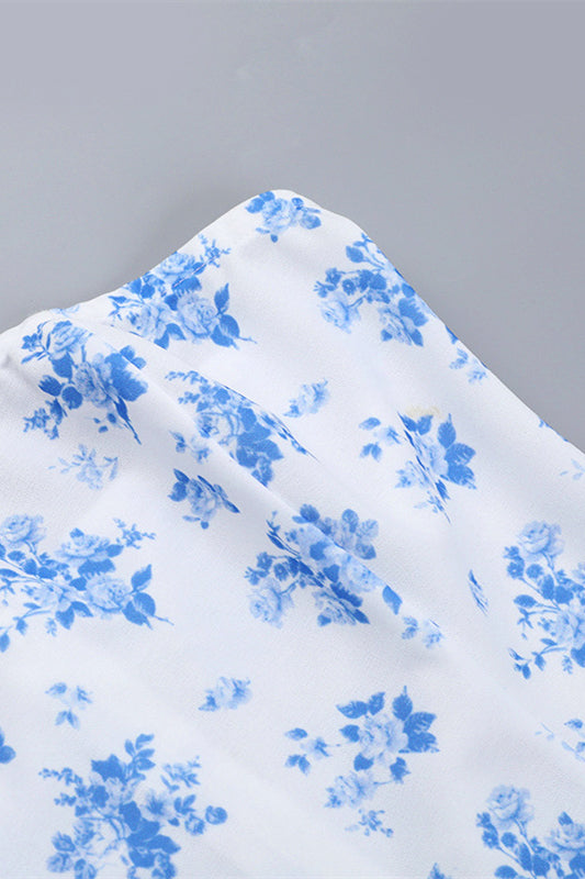 
                      
                        Strapless Blue Floral Print Tiered Short Dress
                      
                    