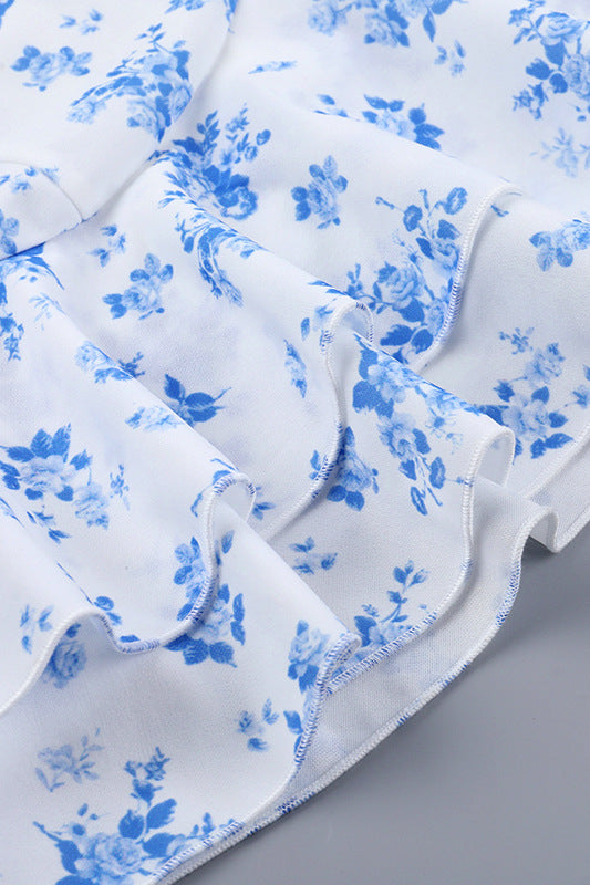 
                      
                        Strapless Blue Floral Print Tiered Short Dress
                      
                    