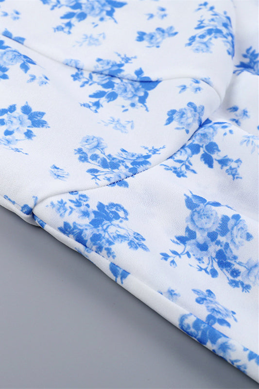
                      
                        Strapless Blue Floral Print Tiered Short Dress
                      
                    