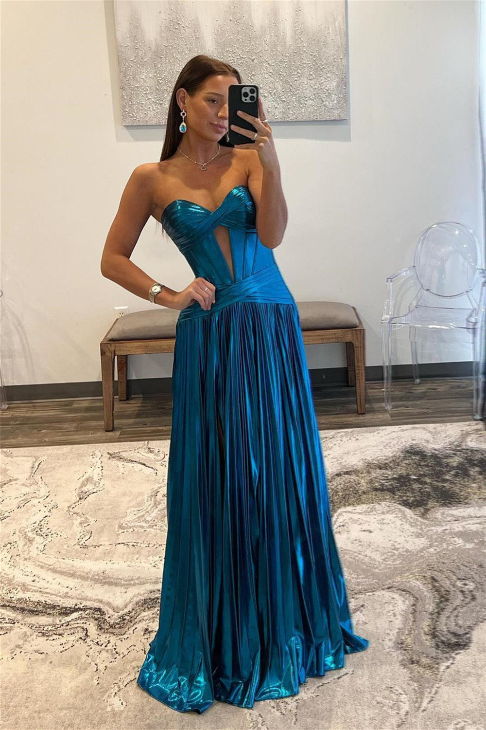 Strapless Blue Metallic Twist Pleated Long Dress