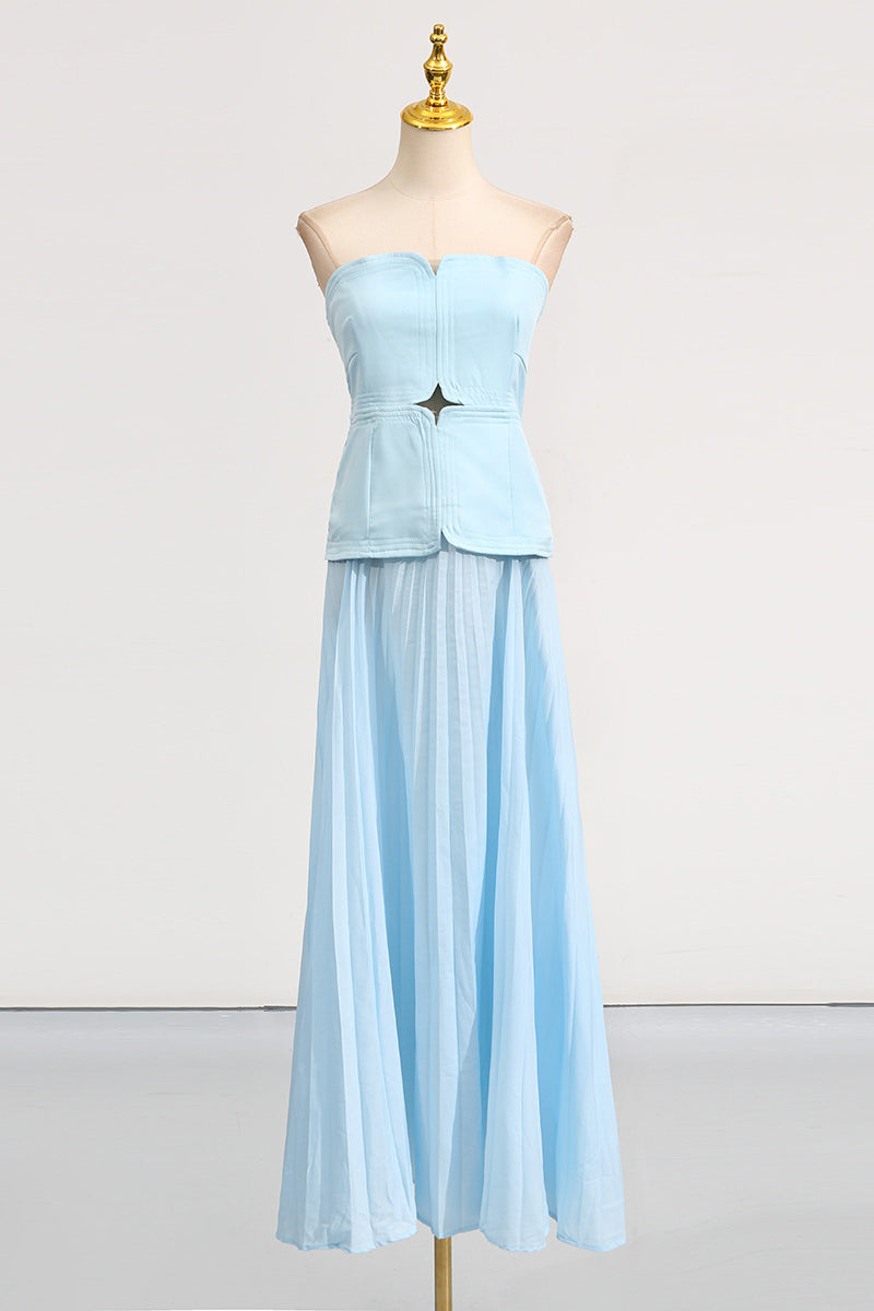 Strapless Blue Pleated A-line Long Dress