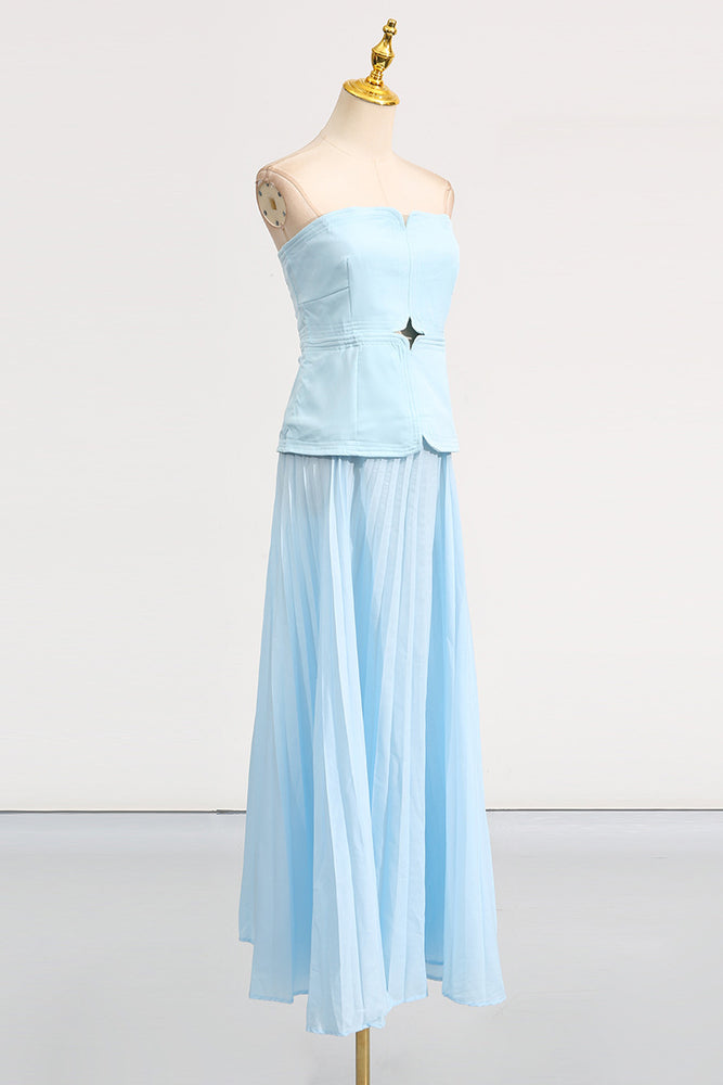 
                      
                        Strapless Blue Pleated A-line Long Dress
                      
                    