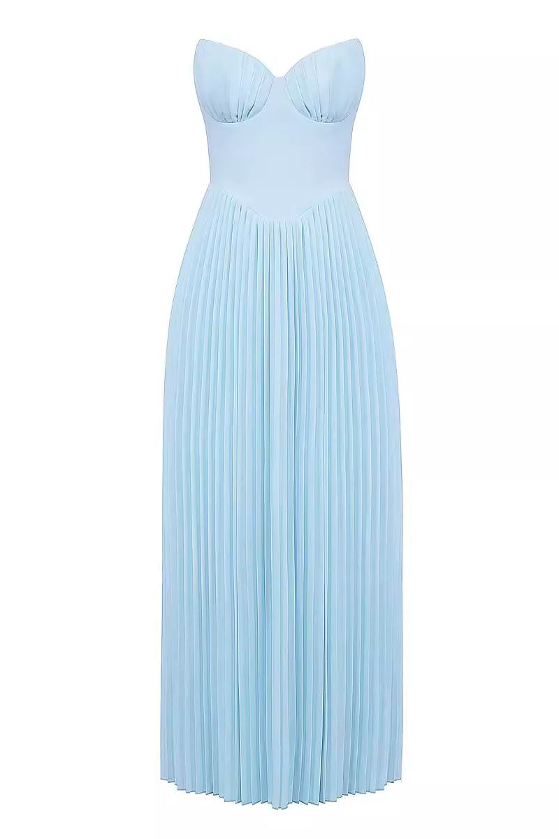 Strapless Blue Pleated Chiffon Long Dress