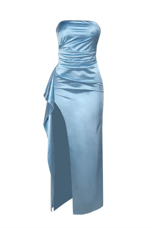 Strapless Blue Ruched Long Dress with High Slit