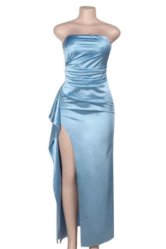 
                      
                        Strapless Blue Ruched Long Dress with High Slit
                      
                    