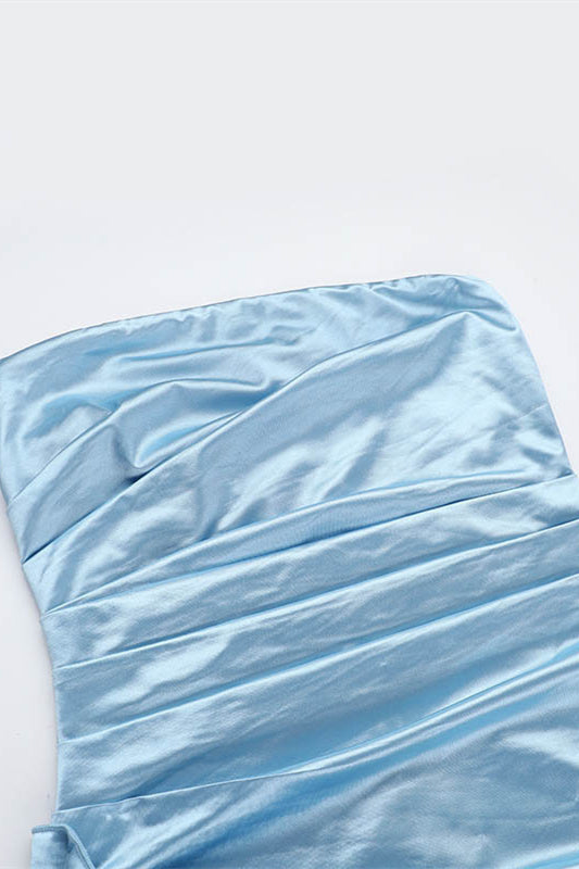 
                      
                        Strapless Blue Ruched Long Dress with High Slit
                      
                    
