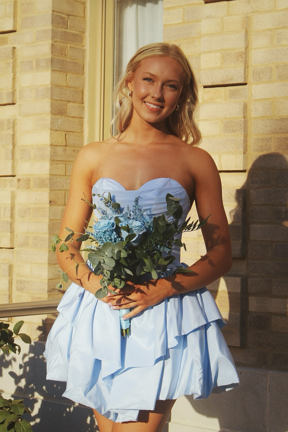 Strapless Blue Ruffle Tiered Short Dress