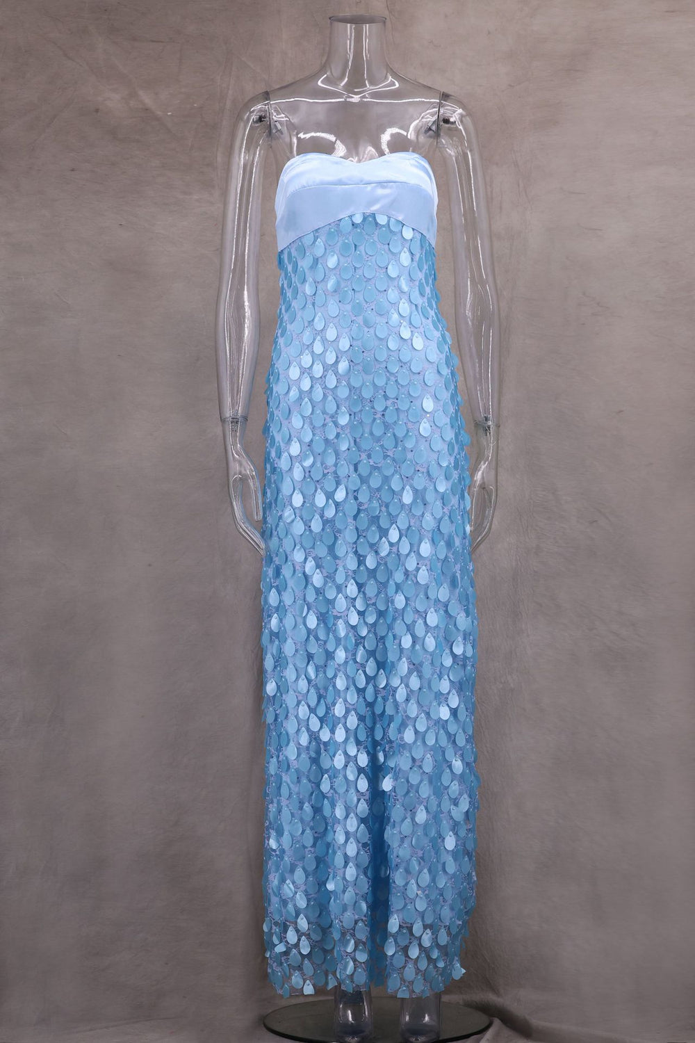 Strapless Blue Sequin Sheath Long Dress