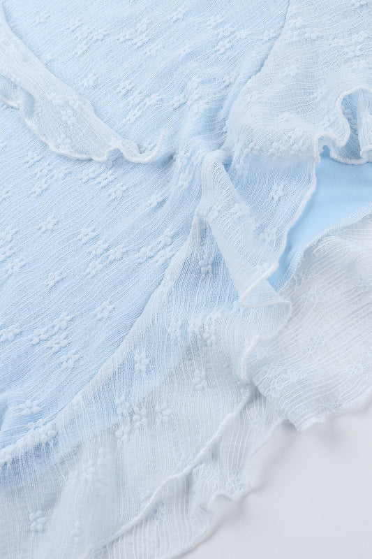 
                      
                        Strapless Blue Tie Front Ruffled Short Dress
                      
                    