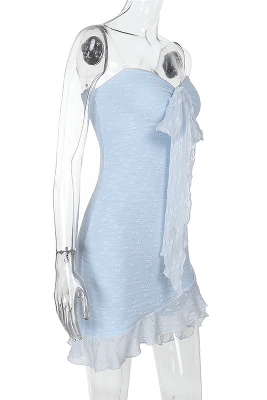 
                      
                        Strapless Blue Tie Front Ruffled Short Dress
                      
                    