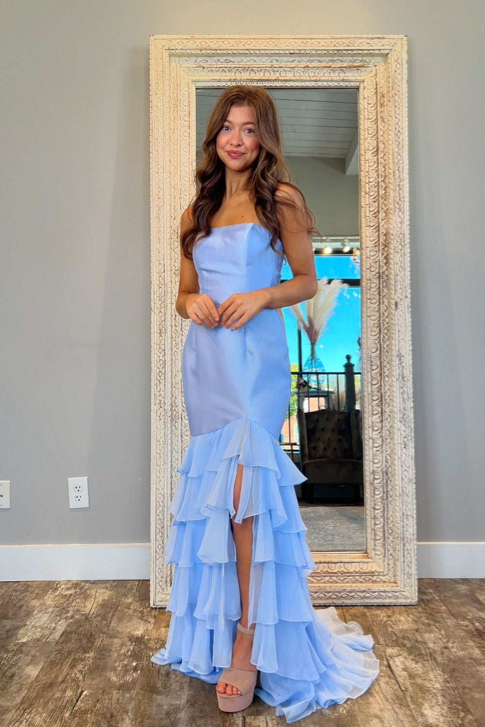 Strapless Blue Tiered Mermaid Long Dress with Slit