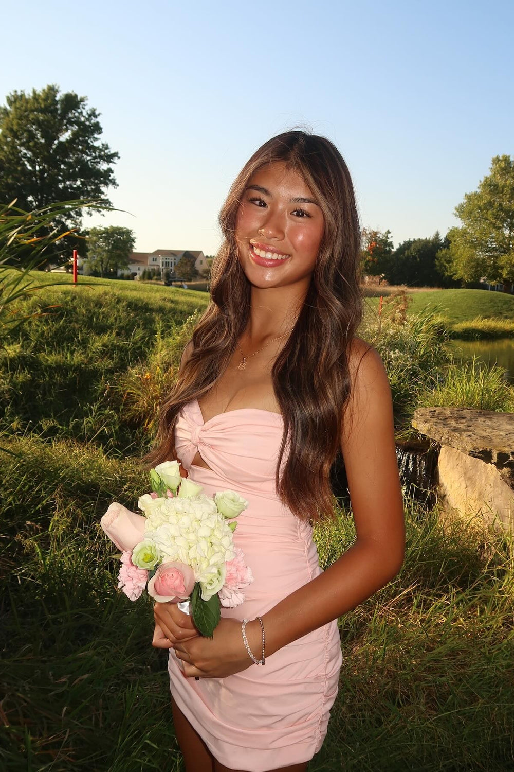 Strapless Blush Pink Ruched Short Dress with Keyhole