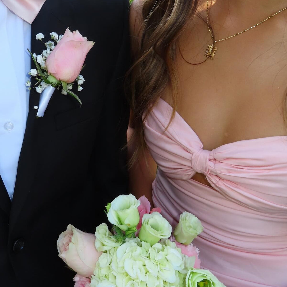 
                      
                        Strapless Blush Pink Ruched Short Dress with Keyhole
                      
                    