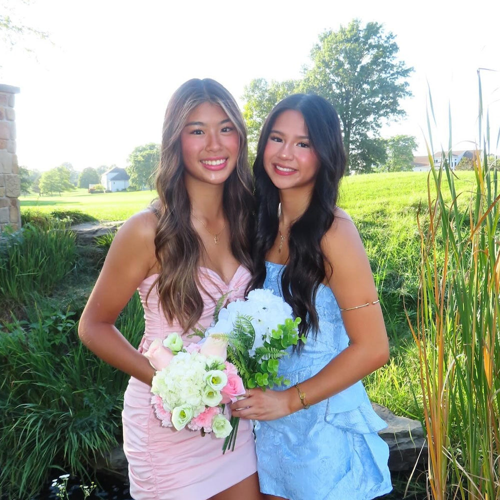
                      
                        Strapless Blush Pink Ruched Short Dress with Keyhole
                      
                    