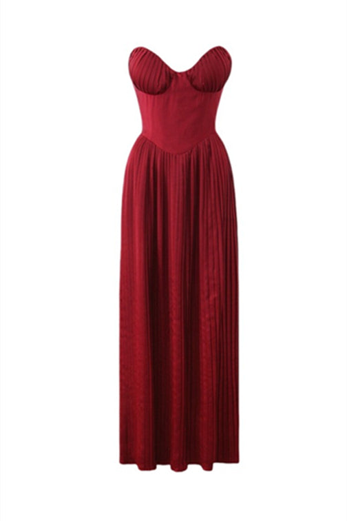 Strapless Burgundy Pleated Chiffon Long Dress