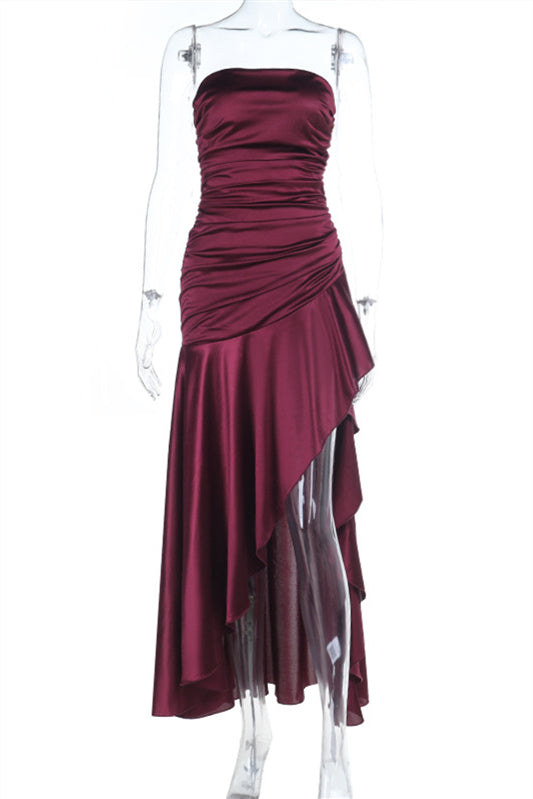 Strapless Burgundy Ruffled Maxi Dress with Slit