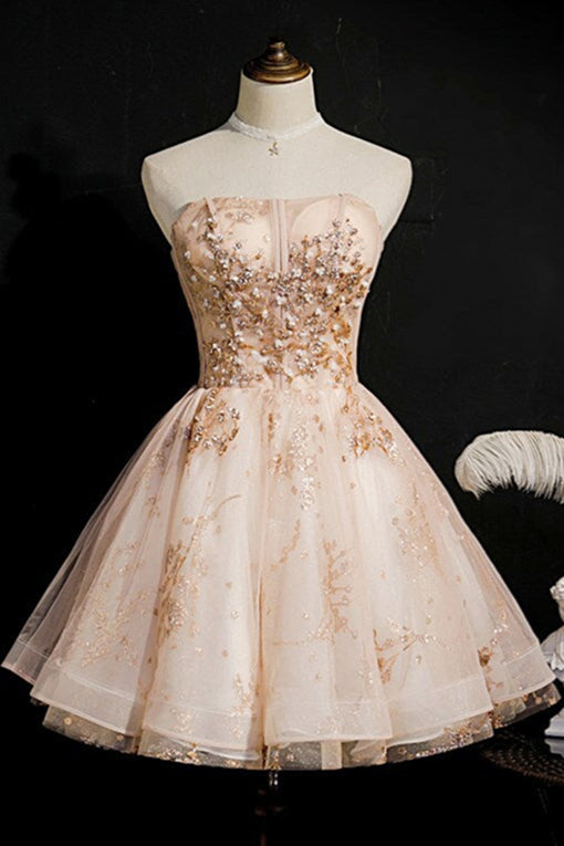 Strapless Champagne Beaded Short Dress