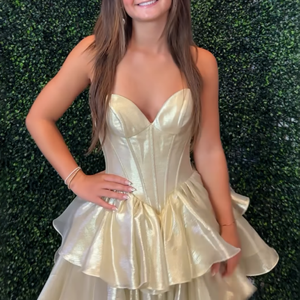 
                      
                        Strapless Champagne Ruffle Tiered Short Dress
                      
                    