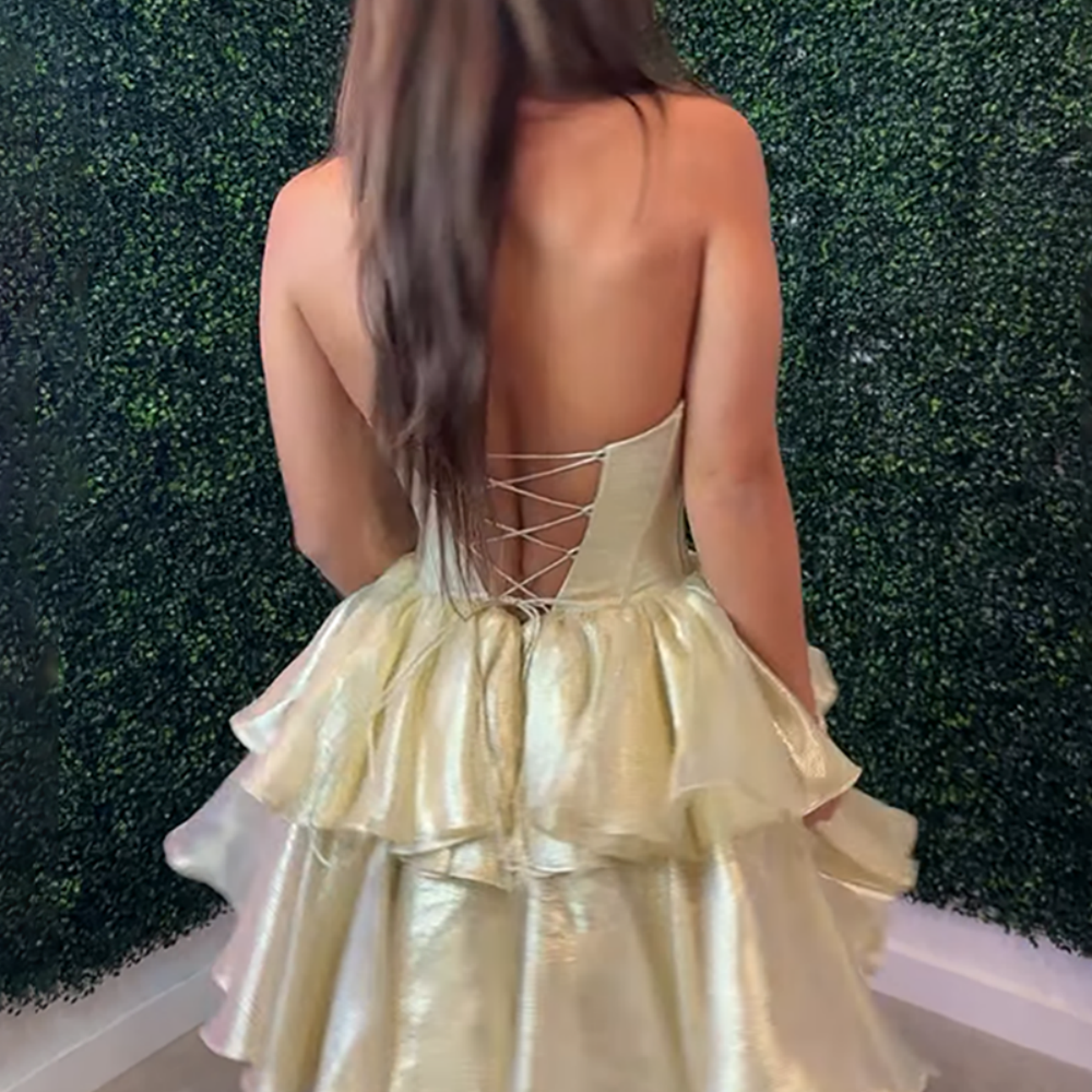 
                      
                        Strapless Champagne Ruffle Tiered Short Dress
                      
                    