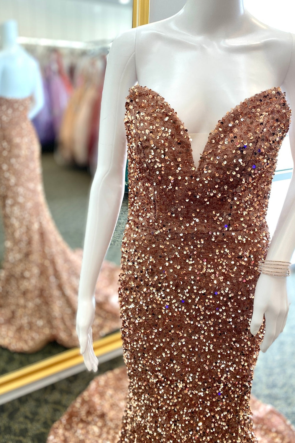 Strapless Champagne Sequin Mermaid Long Party Dress