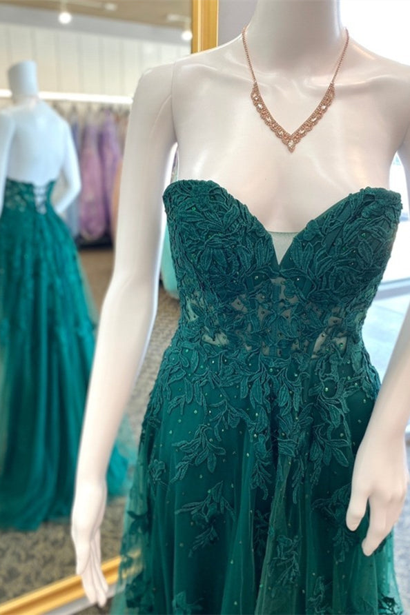 Strapless Emerald Green Lace Appliques Long Dress