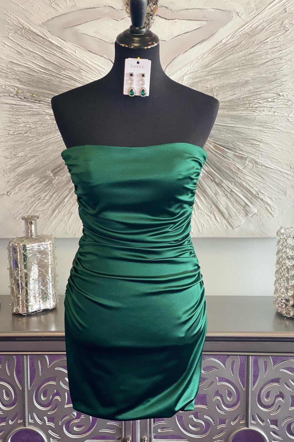 Strapless Emerald Green Satin Short Dress