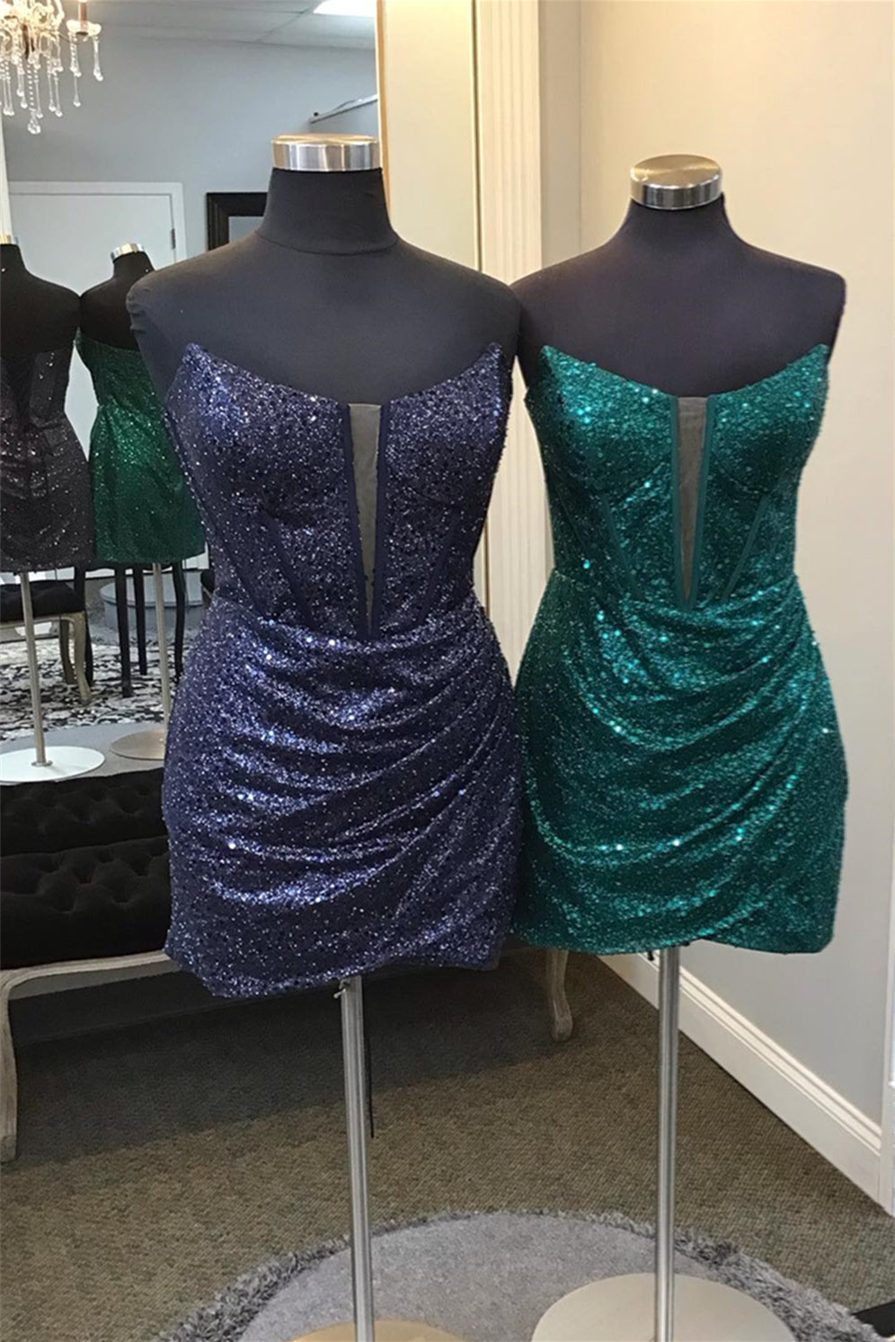 Strapless Emerald Green Sequin Short Dress