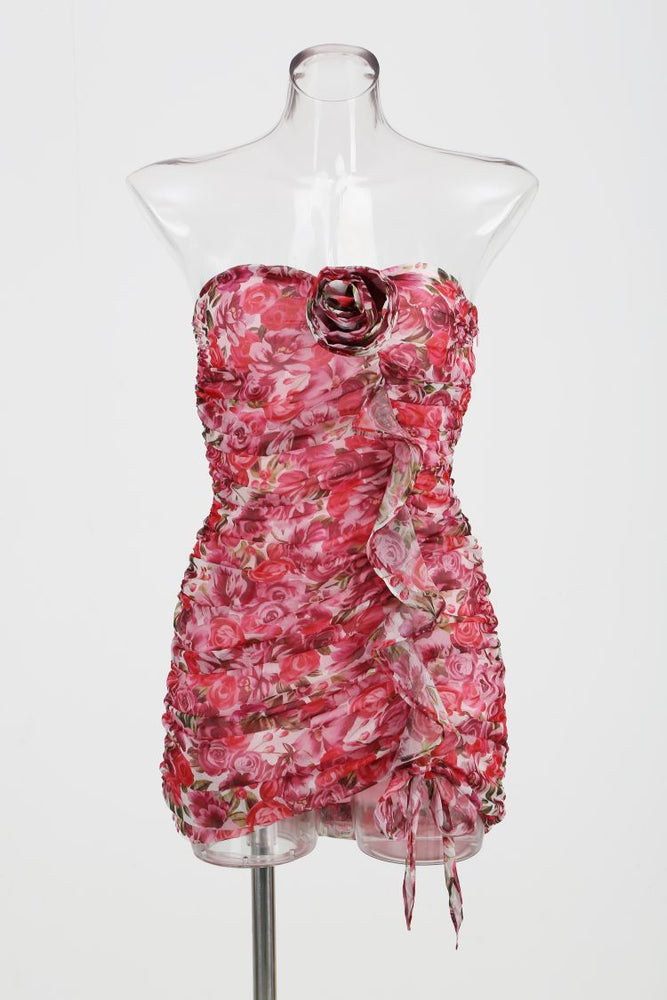 
                      
                        Strapless Floral Print Bodycon Short Dress with Rosette
                      
                    