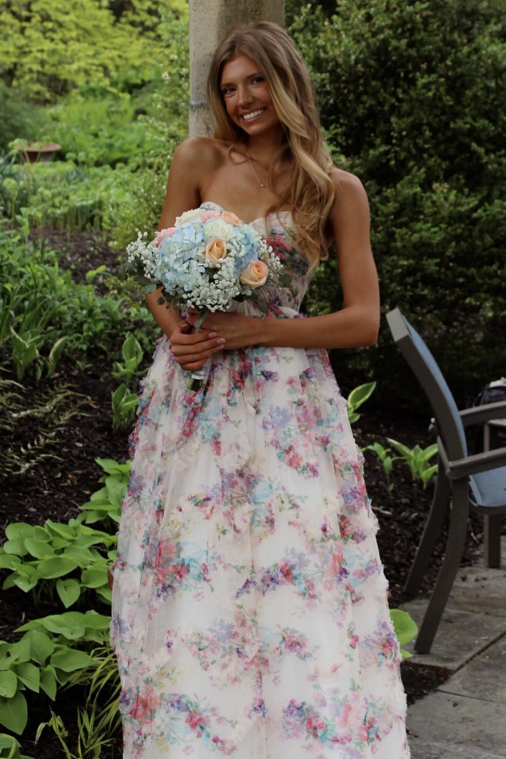 Strapless Floral Print Pleated Ruffle Hem Long Dress