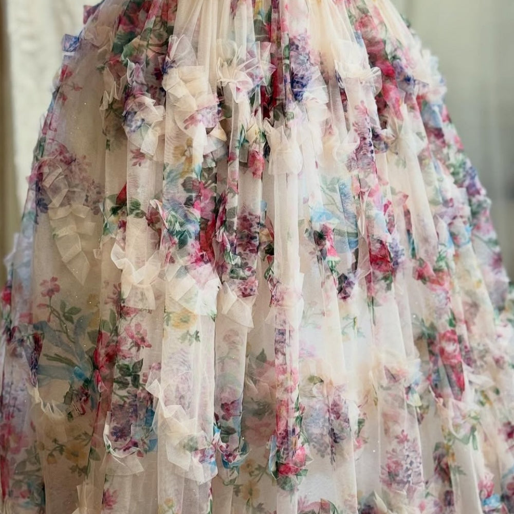 
                      
                        Strapless Floral Print Pleated Ruffle Hem Long Dress
                      
                    