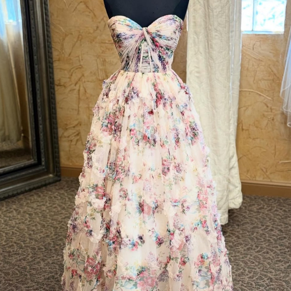 
                      
                        Strapless Floral Print Pleated Ruffle Hem Long Dress
                      
                    