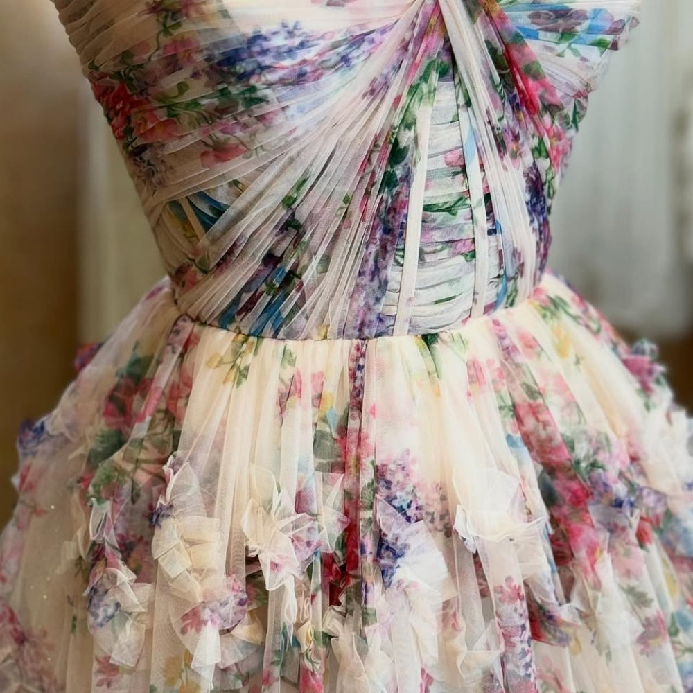 
                      
                        Strapless Floral Print Pleated Ruffle Hem Long Dress
                      
                    