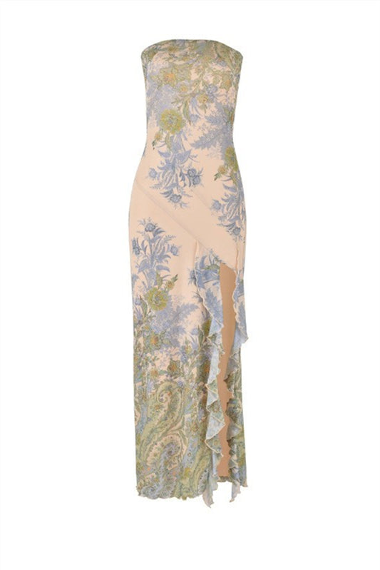 Strapless Floral Print Ruffle Long Dress with Slit