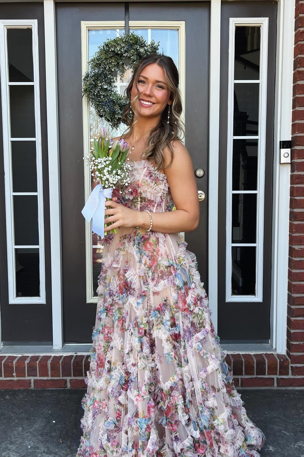 Strapless Floral Print Ruffle Long Dress with Slit – PollyBoutique