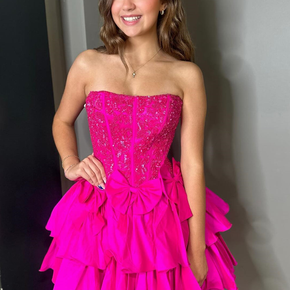 Strapless Hot Pink Beaded Tiered Short Dress PollyBoutique Strapless Hot Pink Beaded Tiered Short Dress PollyBoutique