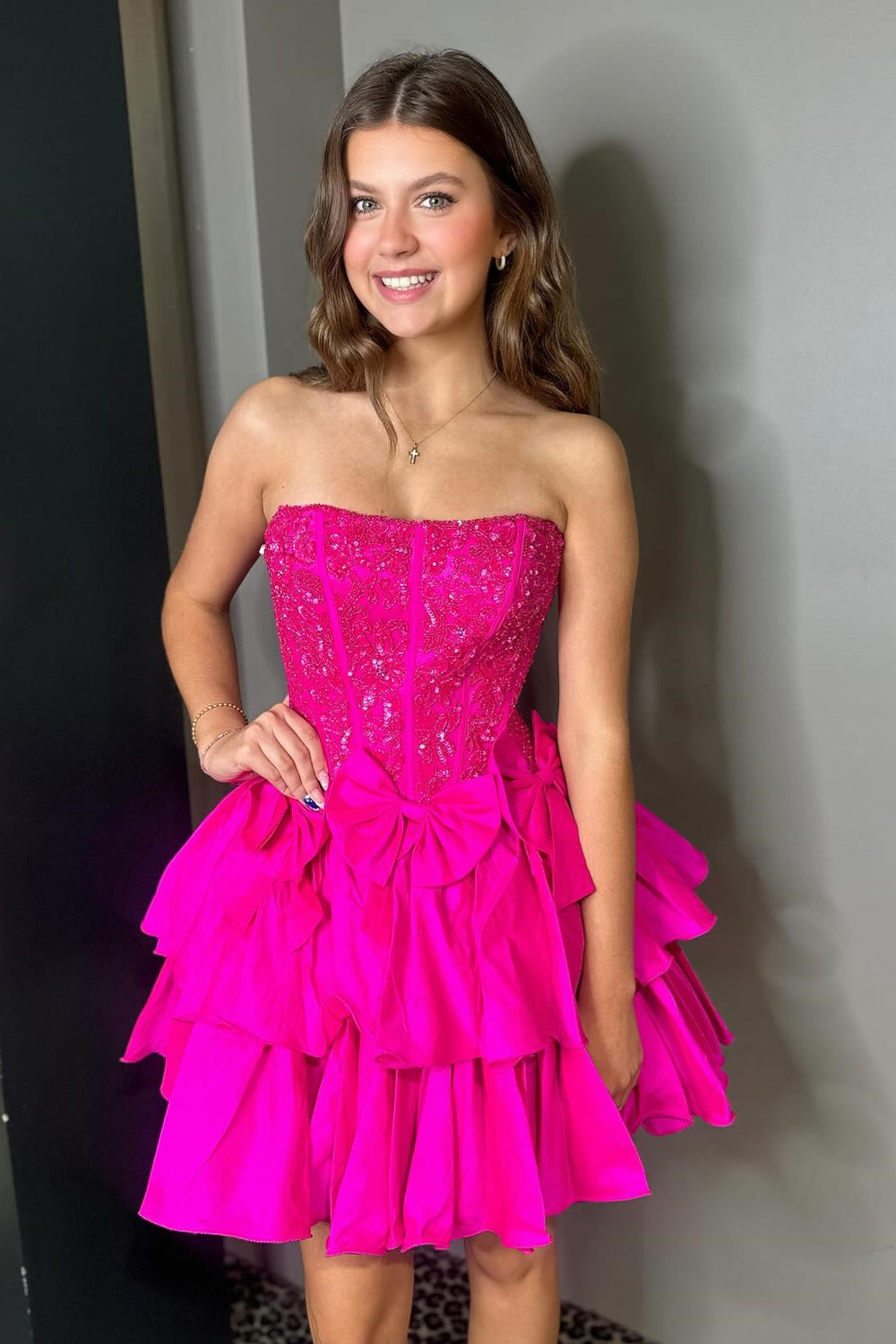 Strapless Hot Pink Beaded Tiered Short Dress