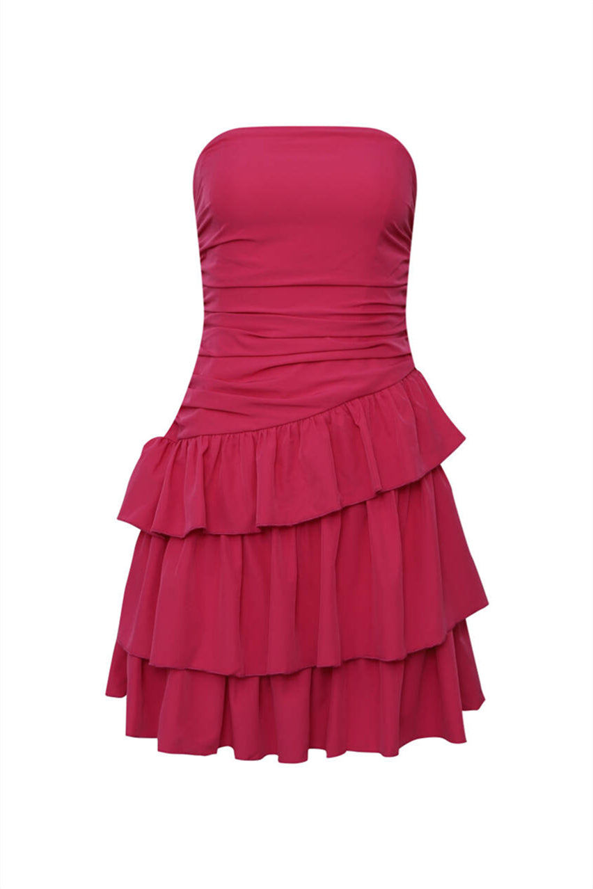 Strapless Fuchsia Ruched Tiered Short Dress