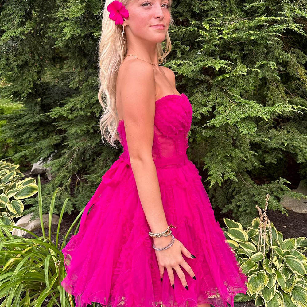 
                      
                        Strapless Fuchsia Sheer A-line Short Tulle Dress
                      
                    