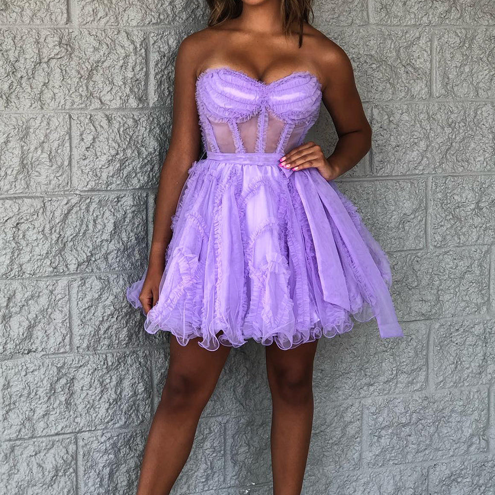 
                      
                        Strapless Fuchsia Sheer A-line Short Tulle Dress
                      
                    